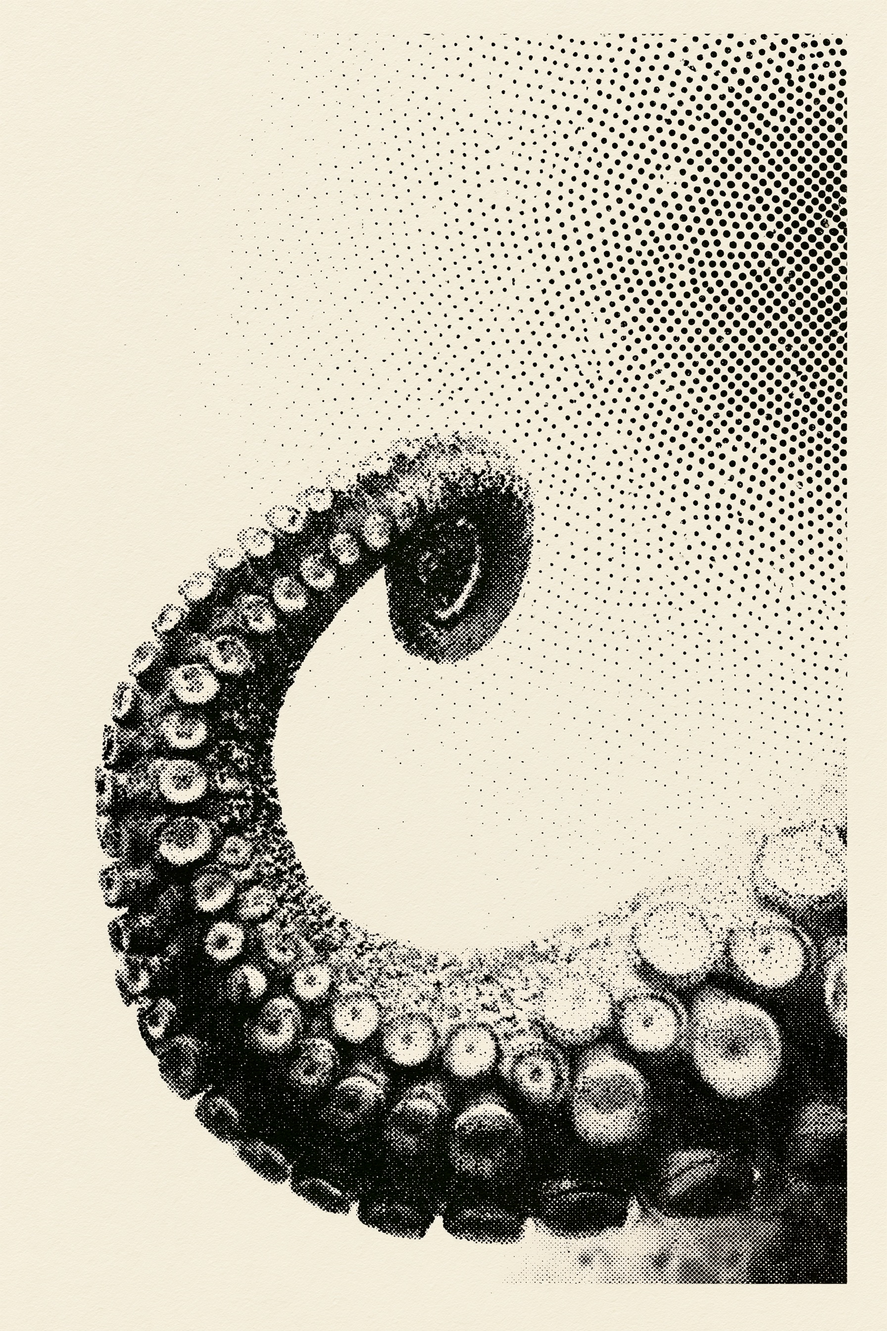 Illustrazione Ai in bianco e nero di un tentacolo realizzato con texture retinata e punti tipografici, su fondo chiaro materico. L’immagine suggerisce un’estetica organica e analogica, in contrasto con la ripetizione visiva e la prevedibilità delle immagini generate con AI.
