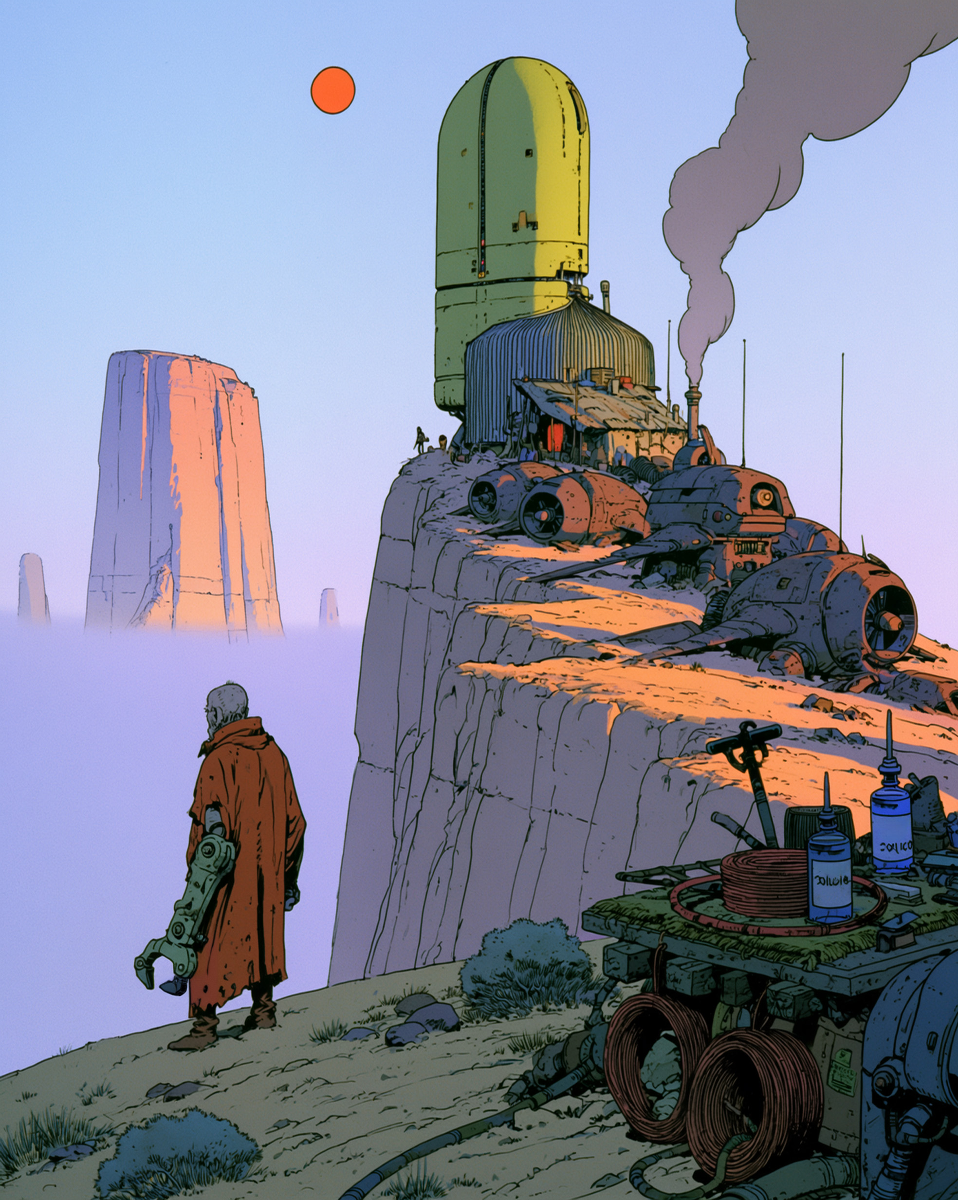 Illustrazione editoriale di ispirazione rétro-futurista: una figura solitaria con un braccio meccanico osserva un laboratorio costruito sulla cima di un altopiano roccioso sospeso sopra una distesa di nebbia. Tra macchinari, cavi e strutture industriali, l'immagine evoca il rapporto tra immaginazione, tecnologia e direzione creativa, rappresentando il percorso che trasforma un'intenzione in un progetto attraverso il dialogo con l'intelligenza artificiale.